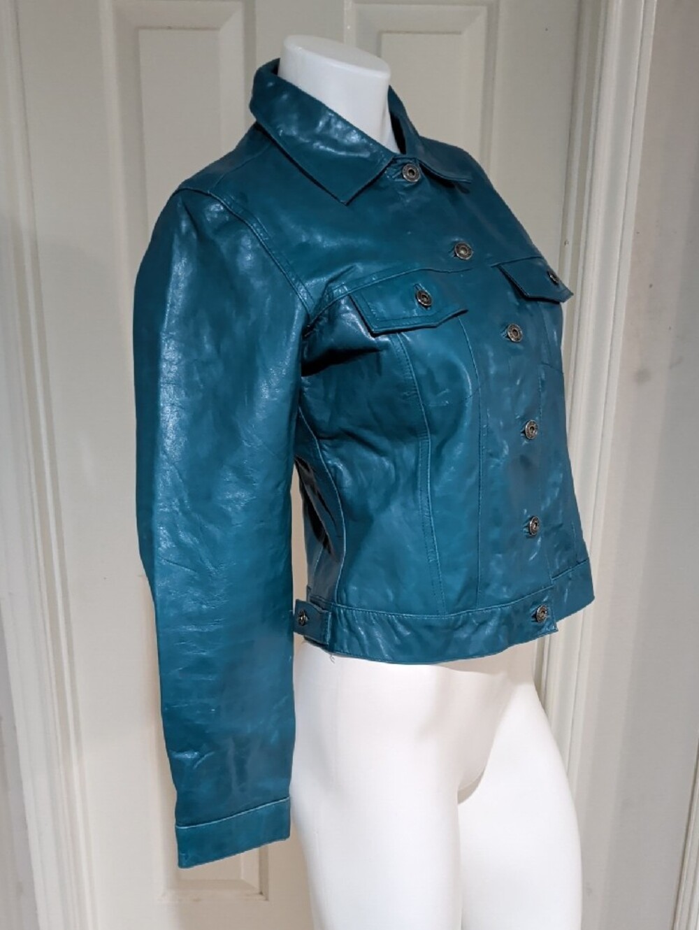 Vintage GAP Teal Leather Button-Front Jacket Women's M- Fall 2000 Collection Y2K - Picture 2 of 11
